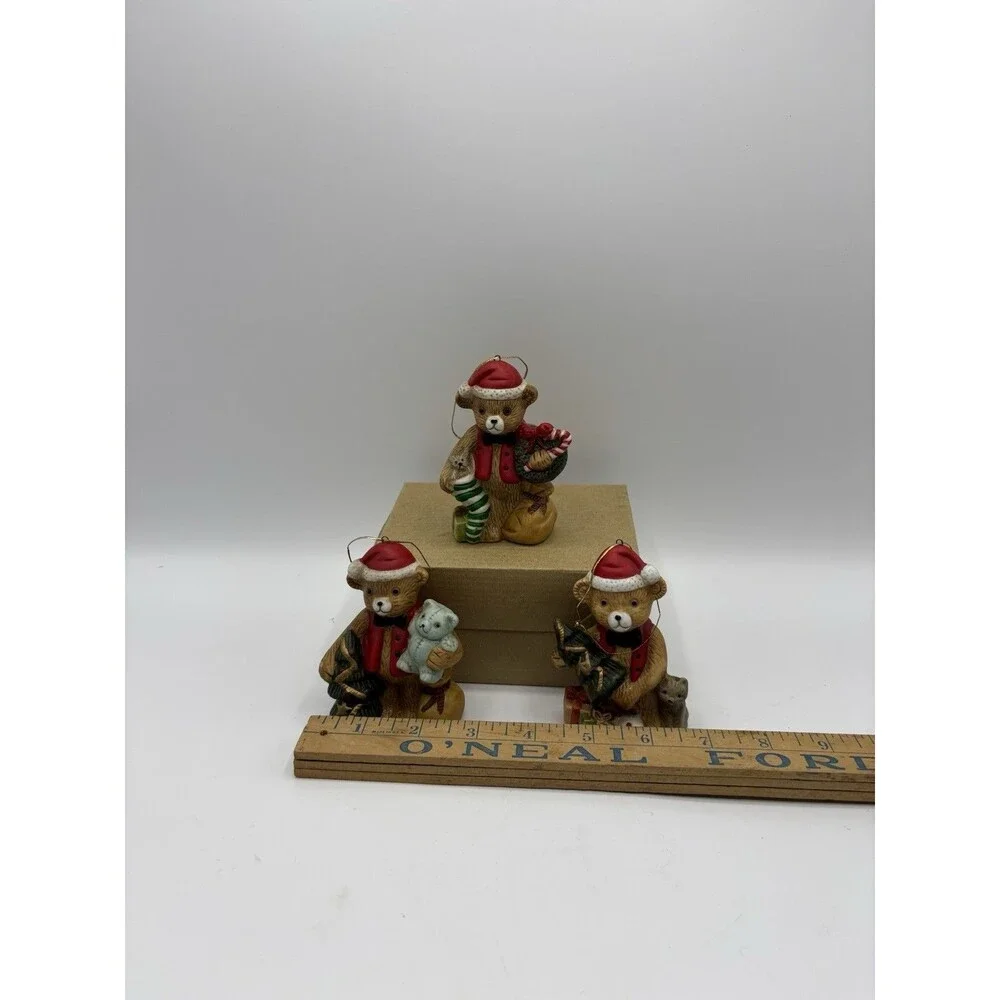 Vintage Christmas Bears In Santa Hats Set Of 3 Ceramic Ornaments